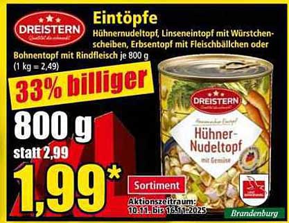Dreistern Eintöpfe – Hühnertopf, Linseneintopf, Erbsentopf und Bohnenottoffe je 800 g