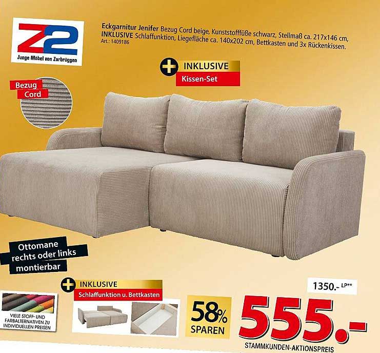 Eckgarnitur Jenifer mit Schlaffunktion und Kissen-Set
