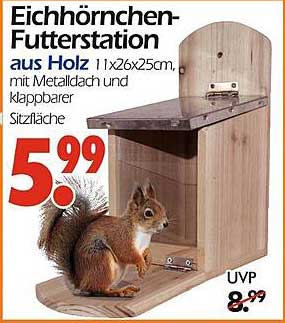 Eichhörnchen-Futterstation aus Holz 11x26x25cm, mit Metalldach und klappbarer Sitzfläche