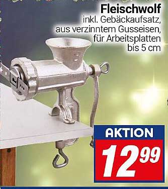 Fleischwolf inkl. Gebäckaufsatz, aus verzinntem Gusseisen, für Arbeitsplatten bis 5 cm