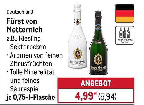 Fürst von Metternich Riesling Sekt trocken, je 0,75-l-Flasche