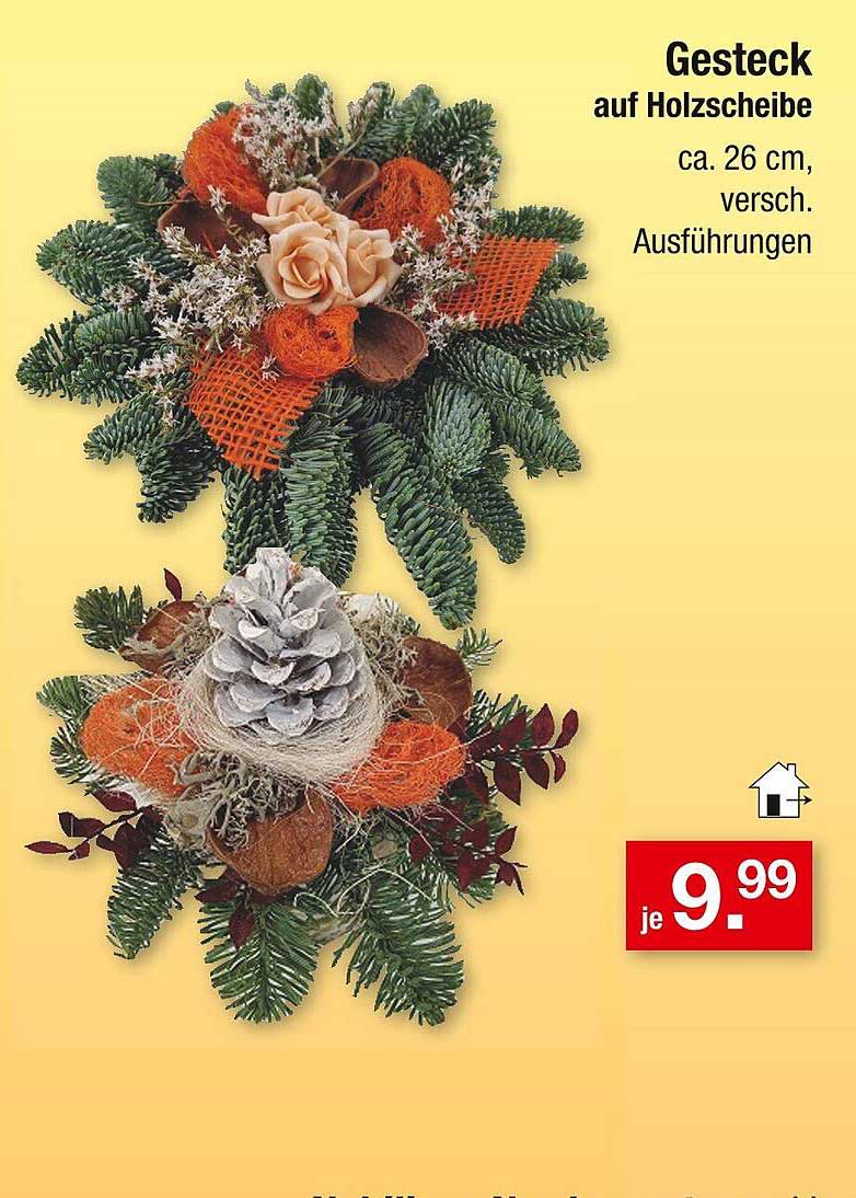 Gesteck auf Holzscheibe, ca. 26 cm, versch. Ausführungen