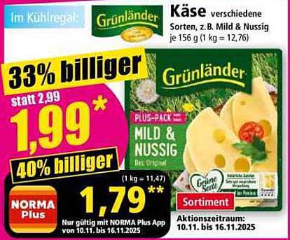 Grünländer Käse verschiedene Sorten, z.B. Mild & Nussig im PLUS-PACK