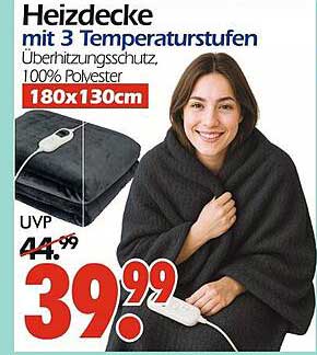 Heizdecke mit 3 Temperaturstufen, Überhitzungsschutz, 100% Polyester, 180x130cm