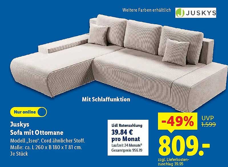 Juskys Sofa mit Ottomane - Modell 'Iseo'