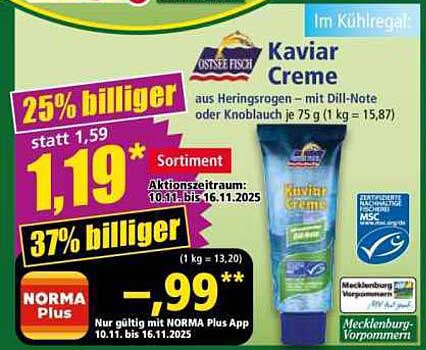 Kaviar Creme aus Heringsrogen mit Dill-Note oder Knoblauch - 75 g für nur 1,19 €
