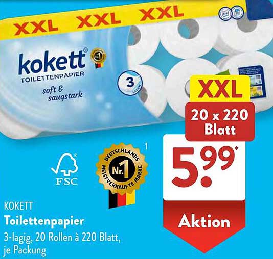 Kokett Toilettenpapier – 3-lagig, 20 Rollen à 220 Blatt