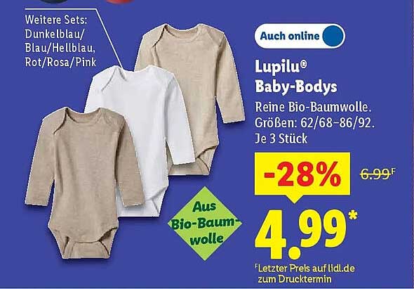 Lupilu® Baby-Bodys 3 Stück aus Bio-Baumwolle
