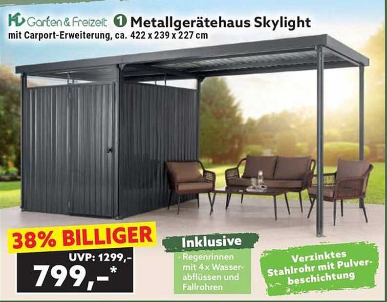 Metallgerätehaus Skylight mit Carport-Erweiterung, ca. 422 x 239 x 227 cm