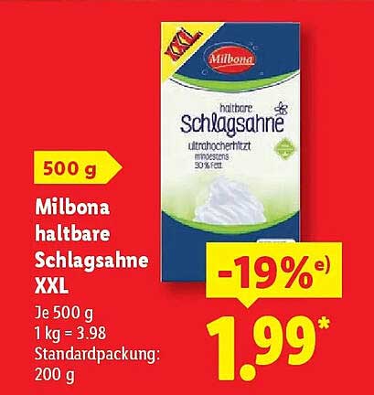 Milbona haltbare Schlagsahne XXL 500 g