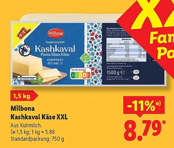 Milbona Kashkaval Käse XXL - 1,5 kg