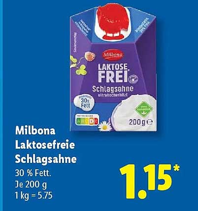 Milbona Laktosefreie Schlagsahne 30% Fett, 200 g