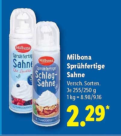 Milbona Sprühfertige Sahne