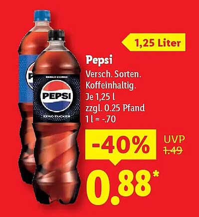 Pepsi 1,25 Liter - Verschiedene Sorten, Koffeinhaltig