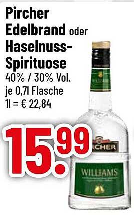 Pircher Edelbrand oder Haselnuss-Spirituose 40% / 30% Vol.