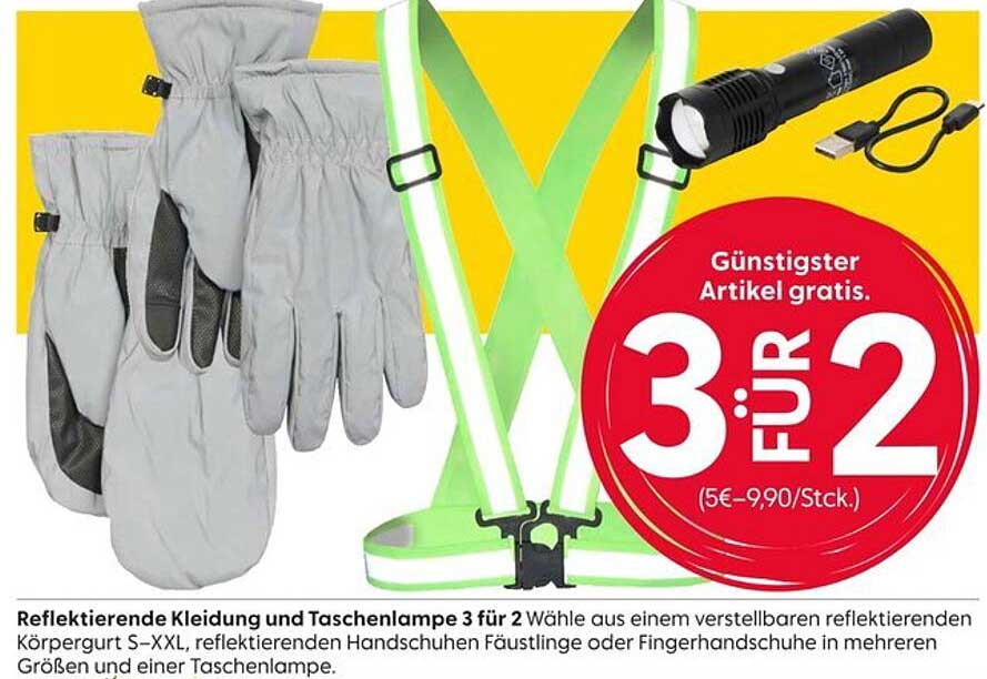 Reflektierende Kleidung und Taschenlampe 3 für 2