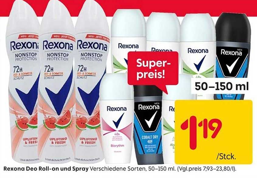 Rexona Deo Roll-on und Spray - Verschiedene Sorten, 50–150 ml