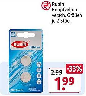 Rubin Knopfzellen CR 2032, 2 Stück