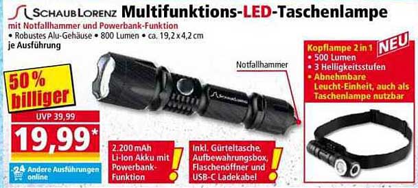 SchaubLorenz Multifunktions-LED-Taschenlampe mit Notfallhammer und Powerbank-Funktion