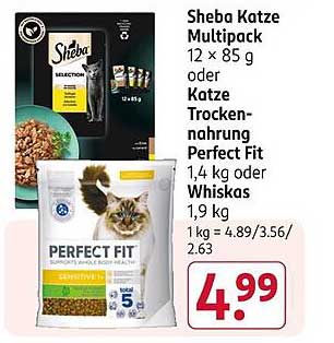 Sheba Katze Multipack 12 x 85 g oder Katzen-Trocken-nahrung Perfect Fit 1,4 kg oder Whiskas 1,9 kg