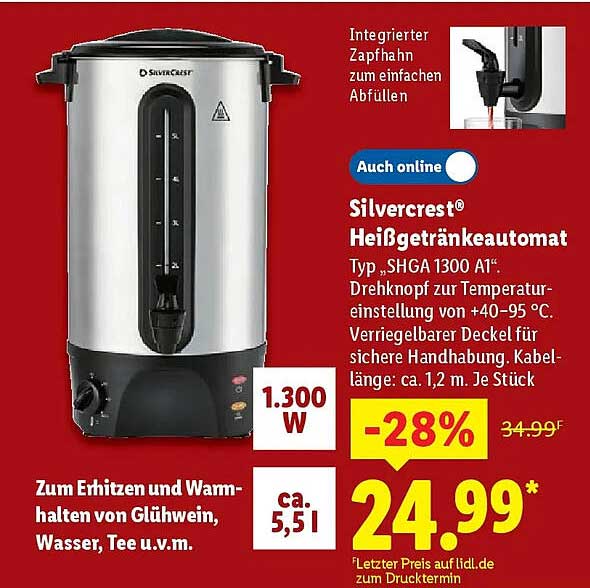 Silvercrest® Heißgetränkeautomat Typ „SHGA 1300 A1“