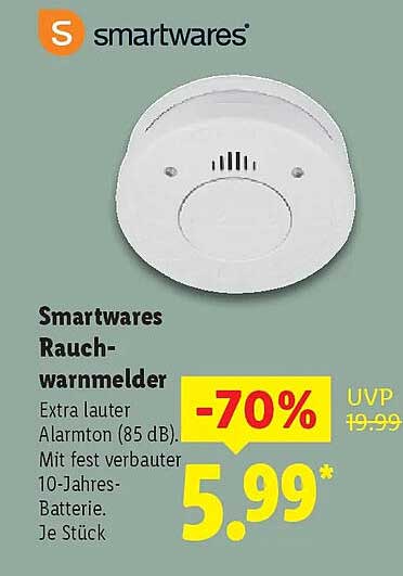 Smartwares Rauchmelder - Extra lauter Alarmton (85 dB) - 70% gesenkt