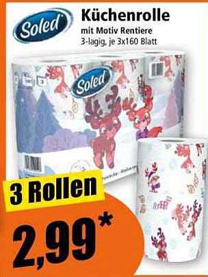 Soled Küchenrolle mit Motiv Rentiere - 3-lagig, je 3x160 Blatt