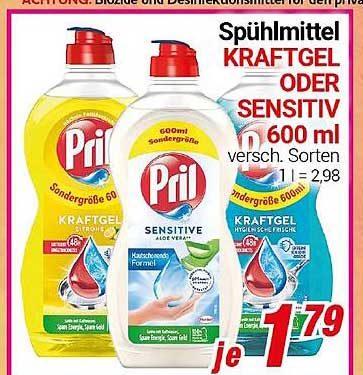 Spülmittel KRAFTGEL oder SENSITIV 600 ml - nur 1,79 €