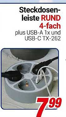 Steckdosenleiste RUND 4-fach plus USB-A 1x und USB-C TX-262