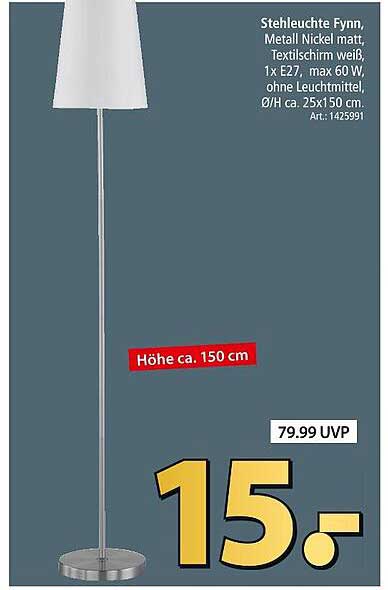 Stehleuchte Fynn - Metall Nickel matt mit Textilschirm weiß