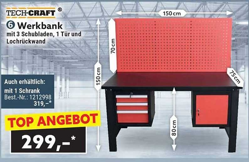 TECH-CRAFT Werkbank mit 3 Schubladen, 1 Tür und Lochrückwand