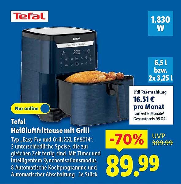 Tefal Heißluftfritteuse mit Grill Typ „Easy Fry und Grill XXL EY8014“