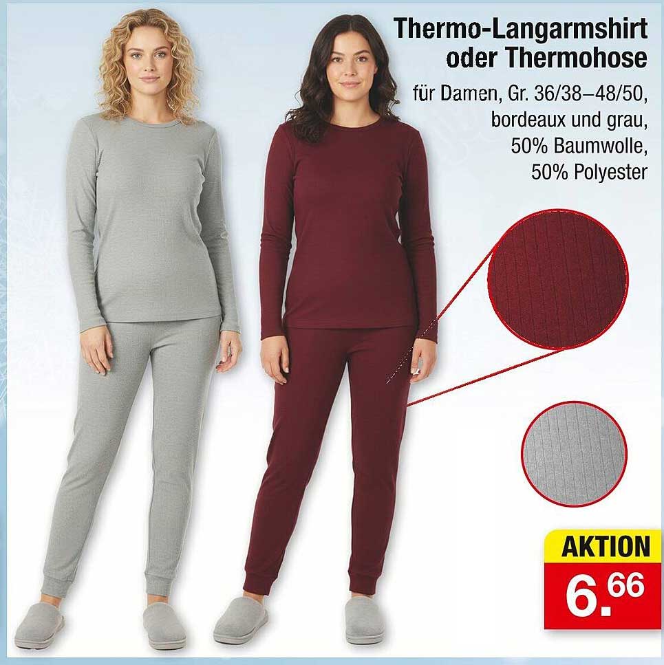 Thermo-Langarmshirt oder Thermohose für Damen, Größe 36/38–48/50, bordeaux und grau