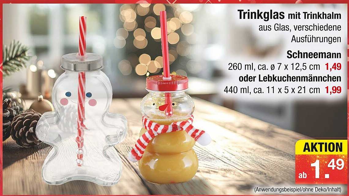Trinkglas mit Trinkhalm - Schneemann oder Lebkuchenmännchen