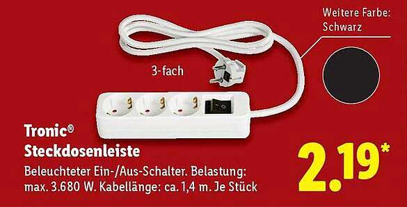 Tronic® Steckdosenleiste mit Beleuchtetem Ein/Aus-Schalter