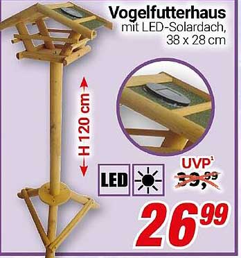 Vogelfutterhaus mit LED-Solardach, 38 x 28 cm