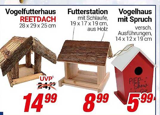 Vogelfutterhaus REETDACH, Futterstation mit Schlaufe und Vogelhaus mit Spruch