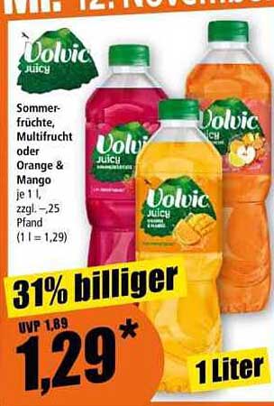 Volvic Juicy - Sommerfrüchte, Multifrucht oder Orange & Mango 1 Liter