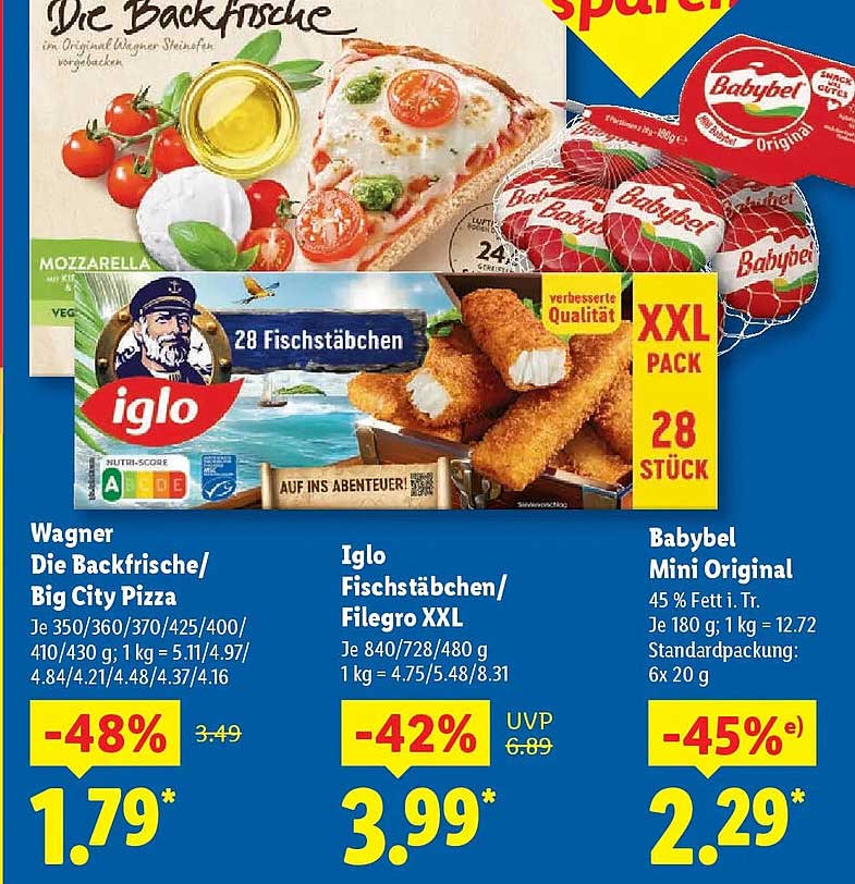 Wagner Die Backfrische / Big City Pizza, Iglo Fischstäbchen / Filegro XXL, Babybel Mini Original