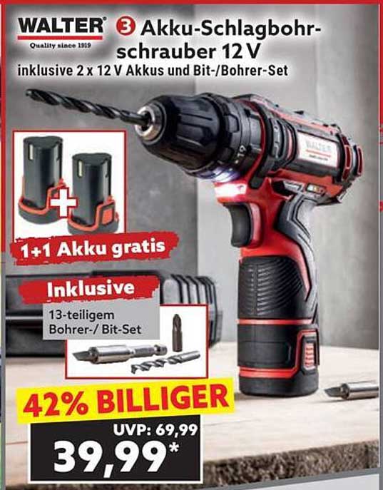 WALTER Akku-Schlagbohrschrauber 12 V inklusive 2 Akkus und Bit-/Bohrerset
