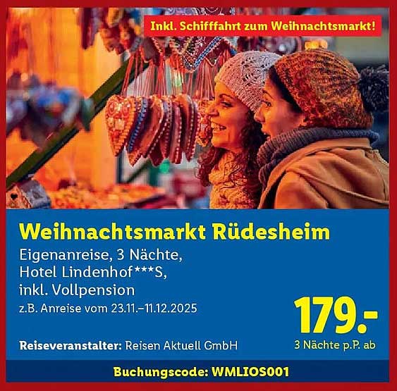 Weihnachtsmarkt Rüdesheim - Eigenreise, 3 Nächte im Hotel Lindenhof***S, inkl. Vollpension