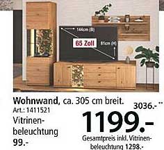 Wohnwand, ca. 305 cm breit, Vitrinenbeleuchtung