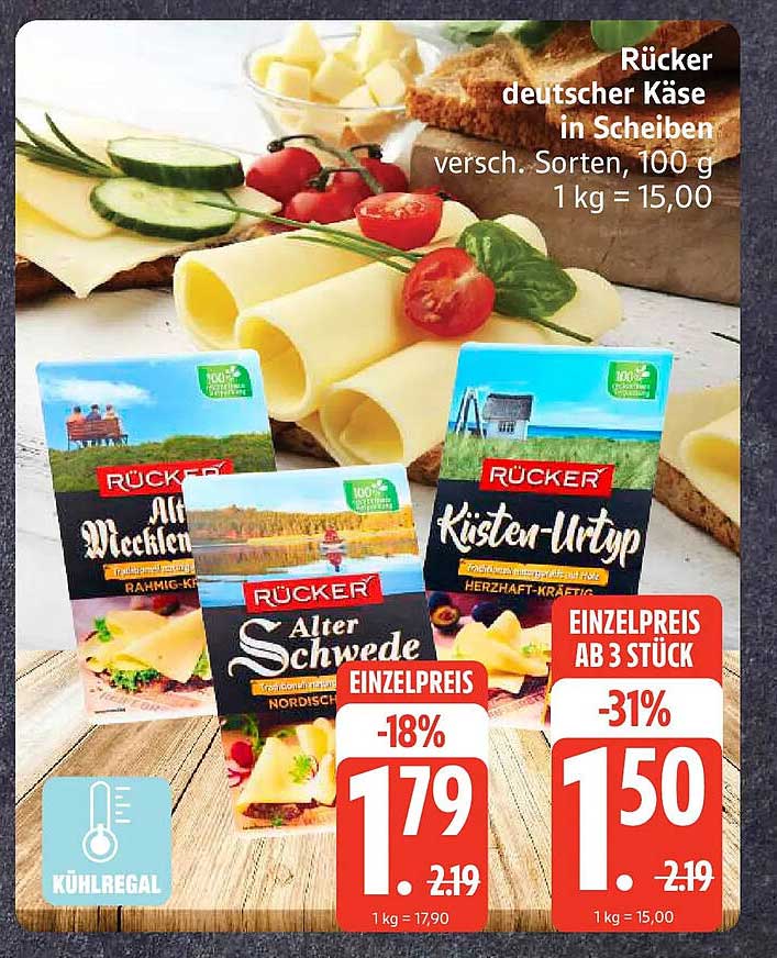 Rücker deutscher Käse in Scheiben, verschiedene Sorten, 100 g