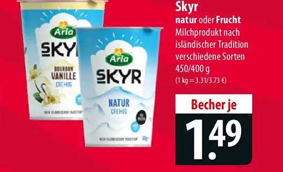 Skyr natur oder Frucht Milchprodukt nach isländischer Tradition verschiedene Sorten 450/400 g