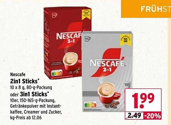 Nescafe 2in1 Sticks* 10 x 8 g, 80-g-Packung oder 3in1 Sticks* 10er, 150-165-g-Packung, Getränkepulver mit Instant-kaffee, Creamer und Zucker, kg-Preis ab 12.06