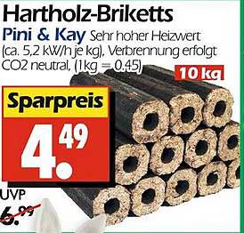 Hartholz-Briketts Pini & Kay Sehr hoher Heizwert (ca. 5,2 kW/h je kg). Verbrennung erfolgt CO2 neutral. (1kg = 0.45)
