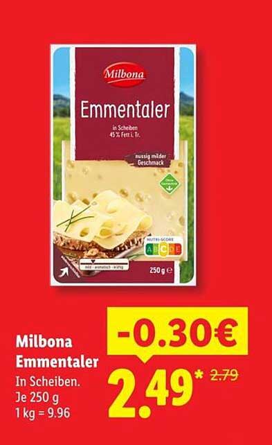 Milbona Emmentaler in Scheiben 45% Fett i. Tr.