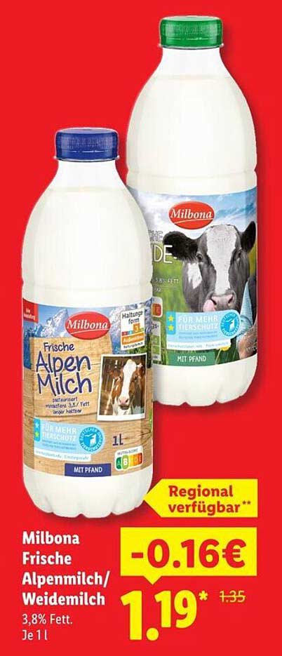 Milbona Frische Alpenmilch/Weidemilch 3,8% Fett Je 1 l