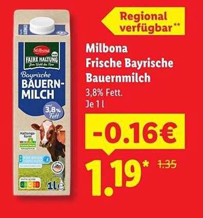 Milbona Frische Bayrische Bauernmilch 3,8% Fett. Je 1 l