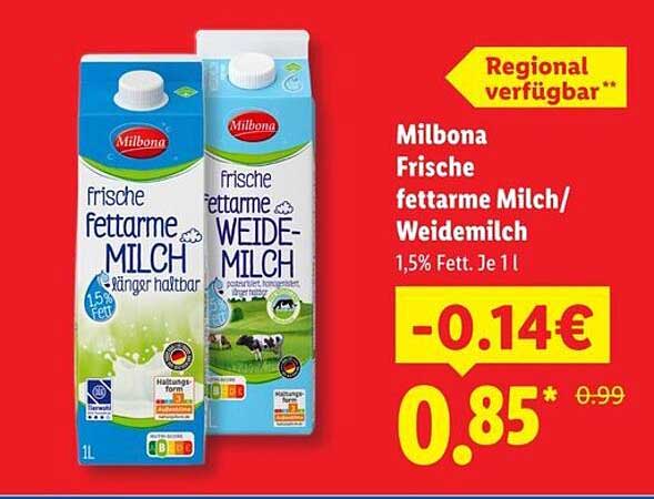 Milbona Frische fettarme Milch/Weidemilch 1,5% Fett. Je 1 l